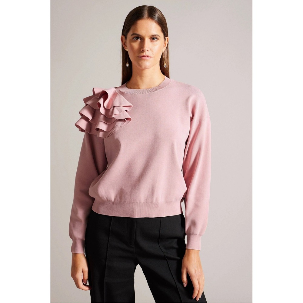Ted Baker London Ozai Pink Ruffle Shoulder Sweatshirt Cotton Modal Size 4 L XL